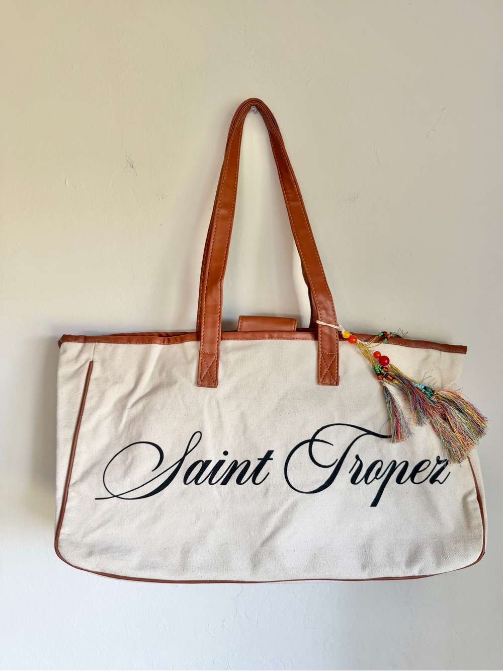 Saint Tropez Cream Canvas Overzized Tote Bag Tan Faux Leather Trim Tassel, NWOT